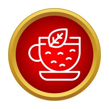 Herb tea cup with leaf icon on red gold circle Stock Illustration
