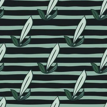 Herbal foliage seamless pattern with outline leaf outline shapes. Striped bac Stock Illustration