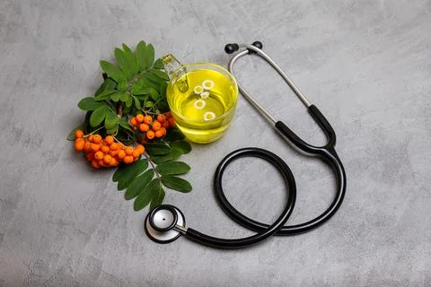 Herbal green tea on rustic background. Cup of tea with healing herbs. Stock-Fotos