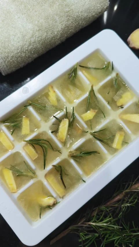 Herbal ice cubes chilling in a white tray. Combining fresh rosemary and lemon Video stock 341861157