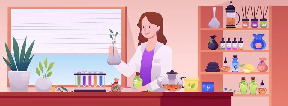 Herbal laboratory with scientist vector flat illustration, homeopathy and Stock-Illustration
