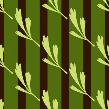 Herbal leaf branches silhouettes seamless pattern. Green striped background.  Stock Illustration