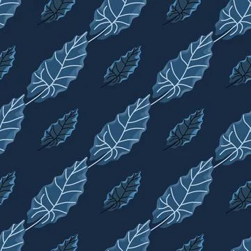 Herbal nature seamless pattern with doodle leaf silhouettes ornament. Navy bl Stock Illustration