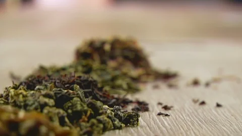 Herbal Organic Tea Leaves On Table Stock Footage 107459150