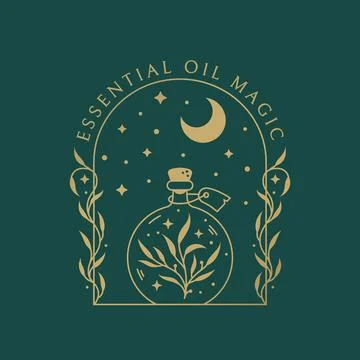 Herbal potion logo. Magic boho emblem with bottle and moon. イラスト素材