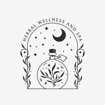 Herbal potion logo. Magic boho emblem with bottle and moon. Stock Illustration