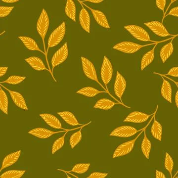 Herbal seamless autumn pattern with simple random leaf elements. Green olive  스톡 일러스트