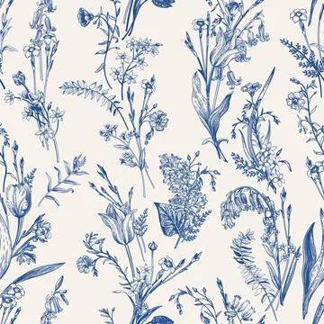 Herbal seamless pattern. Blue. Illustrazione stock