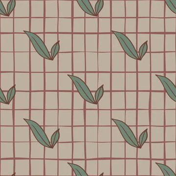 Herbal seamless pattern with green turquoise leaves shapes print. Grey cheque Stock Illustration