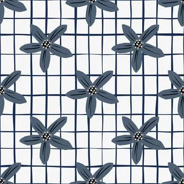 Herbal seamless pattern with navy blue mandarins flowers shapes. Chequered gr Illustrazione stock