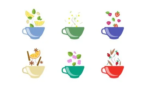 Herbal tea cups set, lemon, chamomile, strawberry, raspberry, cinnamon, rosehip Stock Illustration