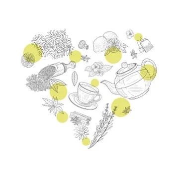 Herbal Tea Elements of Heart Shape, Cafe or Restaurant Menu, Tea Shop Design 스톡 일러스트