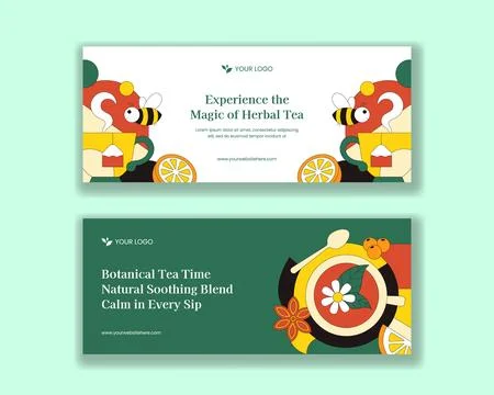 Herbal Tea Flat Cartoon Hand Drawn Horizontal Banner Template Background Il.. Illustrazione stock
