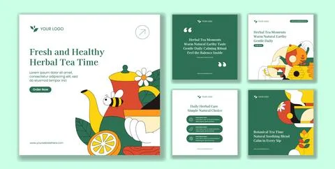 Herbal Tea Flat Cartoon Hand Drawn Social Media Post Template Background Il.. Stock Illustration