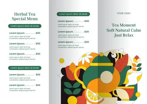 Herbal Tea Flat Cartoon Hand Drawn Brochure Template With Decorative Backgrou Illustrazione stock