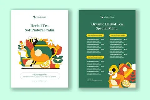 Herbal Tea Flat Cartoon Hand Drawn Social Media Landing Page Background Ill.. Stock Illustration