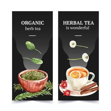 Herbal tea flyer design with basil, rosemary, cinnamon, Roselle watercolor il Stock Illustration
