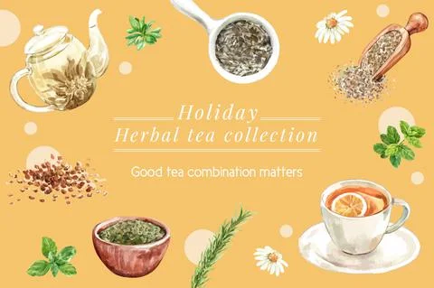 Herbal tea frame design with Lemon, Basil, Rosemary, Tea pot watercolor illus Stock Illustration