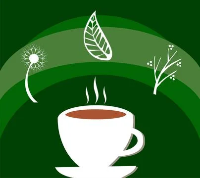Herbal tea label White cup full of tea and leaves with herbs floating arou... Stock Photos