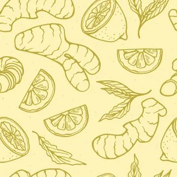 Herbal tea seamless pattern with gingerand lemon. Can be used for banners, menu, Stock Illustration