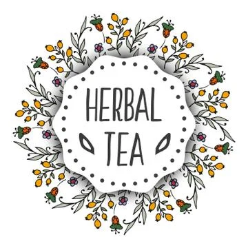 Herbal tea tags background. Round frame with herbs Stock Illustration