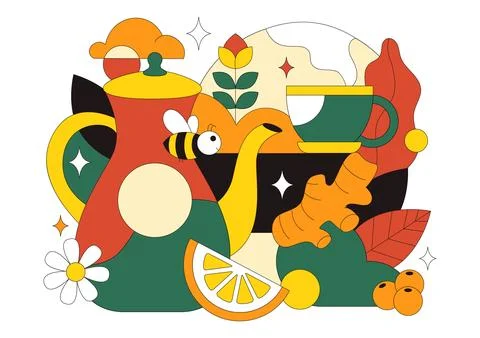 Herbal Tea Vector Illustration Featuring Chamomile Leaves as a Healthy Gree.. Stock Illustration