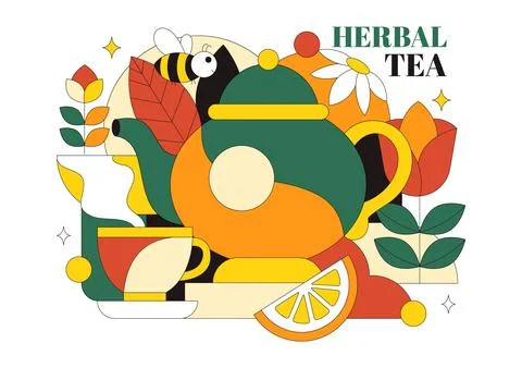 Herbal Tea Vector Illustration Featuring Chamomile Leaves as a Healthy Gree.. Stock Illustration