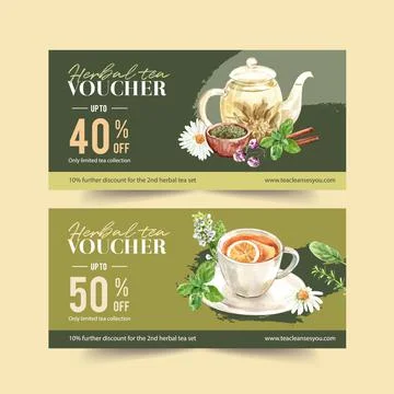 Herbal tea voucher design with chamomile, basil, savory leaves watercolor ill Stock Illustration