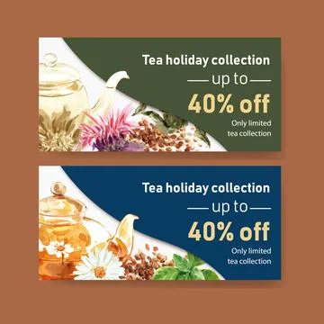 Herbal tea voucher design with chamomile, basil watercolor illustration. Stock Illustration
