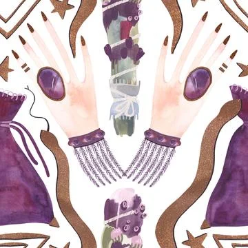 Herbalist's hands create harmony. A magical ritual of cleansing with herbs Illustrazione stock