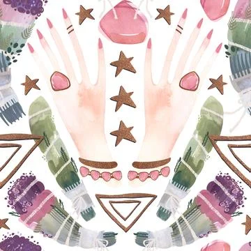 Herbalist's hands create harmony. A magical ritual of cleansing with herbs Stock Illustration