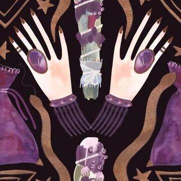 Herbalist's hands create harmony. A magical ritual of cleansing with herbs and Stock Illustration