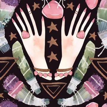 Herbalist's hands create harmony. A magical ritual of cleansing with herbs and Stock Illustration