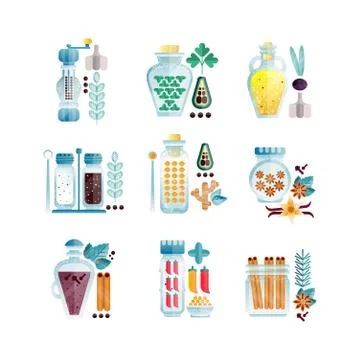 Herbs and spices jars set, different culinary condiments vector Illustrations i Stock Illustration