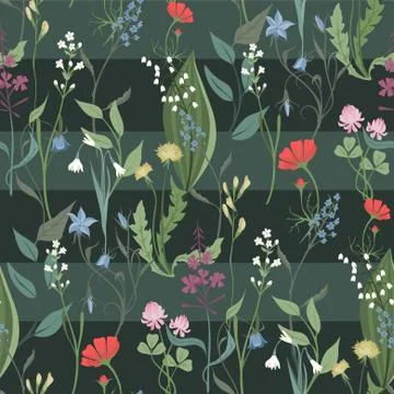 Herbs and Wild Flowers vector seamless pattern Illustrazione stock