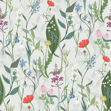 Herbs and Wild Flowers vector seamless pattern Stockillustratie