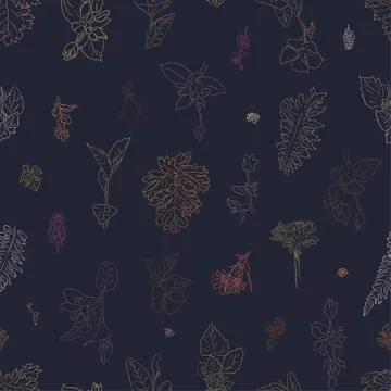 Herbs flower seamless pattern drawn graphic texture background, sketch wallpaper Stock Illustration