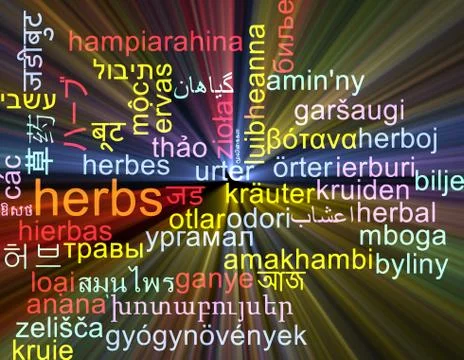 Herbs multilanguage wordcloud background concept glowing Stock Illustration