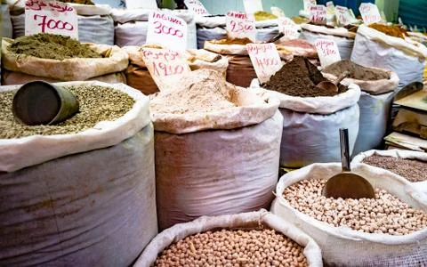 Herbs, spices and condiments on the eastern market Stock Photos