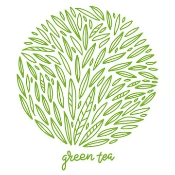 Herbs Tea round composition with lettering. tea leaves pattern. Vector outlin Stock Illustration
