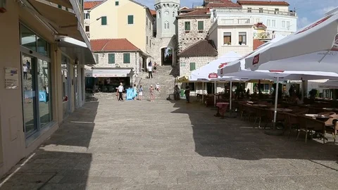 Herceg Novi, Montenegro - 31 June, 2017. Tilting shot of Topla church in center Stock Footage