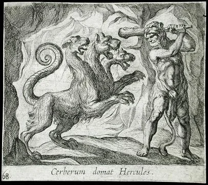 Hercules and Cerberus. Wilhelm Janson (Holland, Amsterdam)Antonio Tempesta .. Stock Illustration