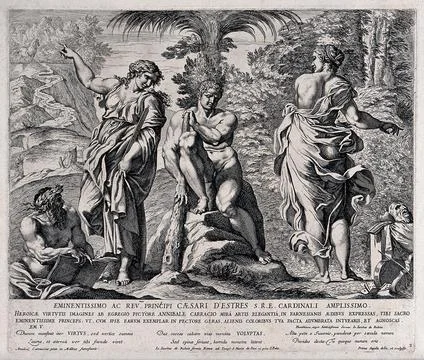 Hercules between Virtue and Vice. Etching by P. Aquila after Annibale Carracc Stock Illustration