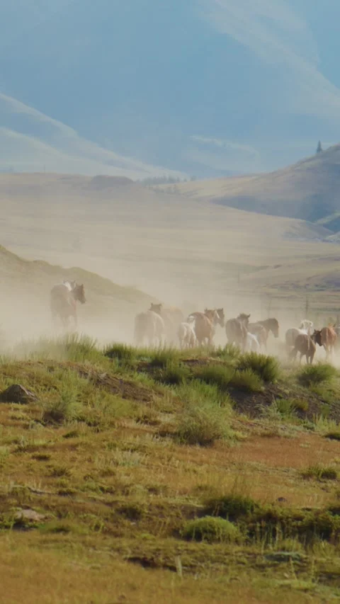 Herd of cattle gallops through dry grassland Stock Footage 335576971