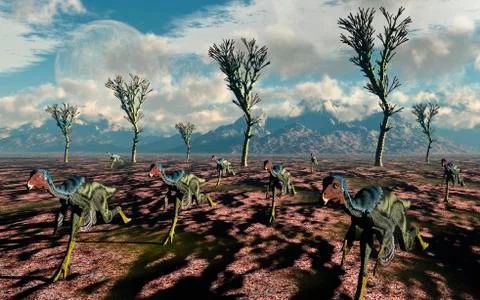 Herd of Caudipteryx displaying bird-like flocking motion. Stock Illustration