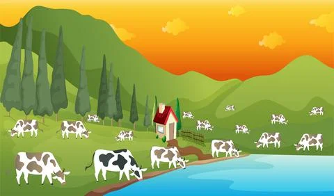 Herd Of Cows Eating Grass And Drinking Water Stock Illustration