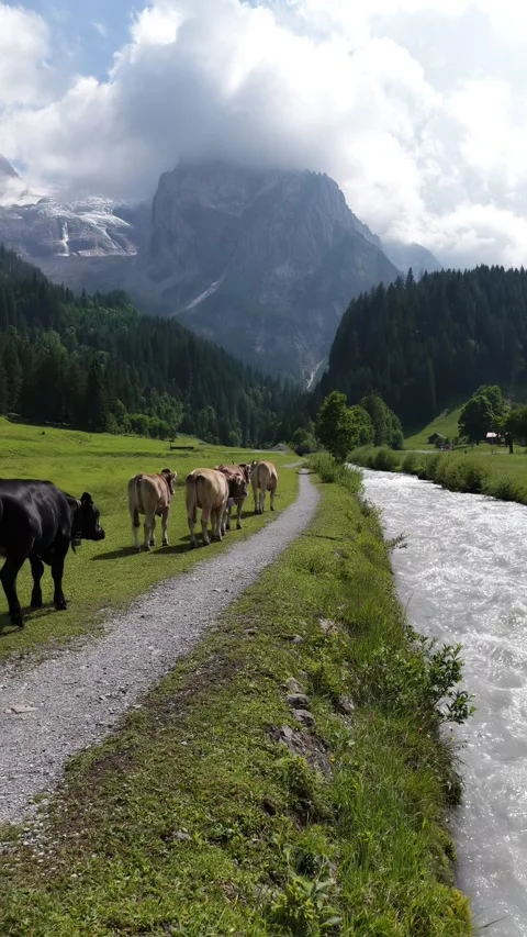 Herd of cows walking in an alpine valley in switzerland Stock Footage 318593029