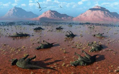 A herd of dead Centrosaurus dinosaurs killed by a flash flood. 스톡 일러스트