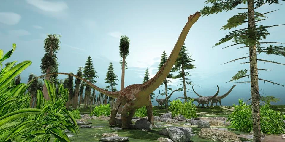 A herd of Diplodocus dinosaurs graze on trees. Stock Illustration
