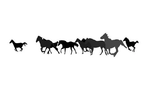 Herd of horses running black silhouette Illustrazione stock